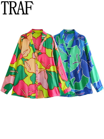 Yipinpay 2023 Print Satin Shirt Woman Blue Button Up Shirt Women Vintage Long Sleeve Shirts And Blouses Women Casual Loose Blouses